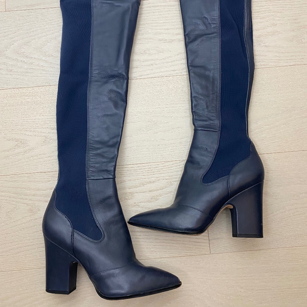 Sam Edelman Natasha Stretch Leather OTK Boot Pointed Toe Block Heel 8.5 Blue